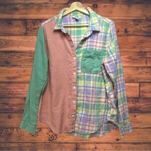 Patchwork Flannel LS Shirt in Green Peach Purple Yellow Soft Comfortable GUC
